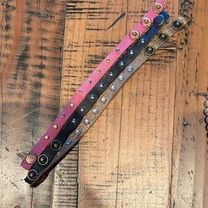 Studded Leather Snap Bracelets in Pink, Black, and Bronze